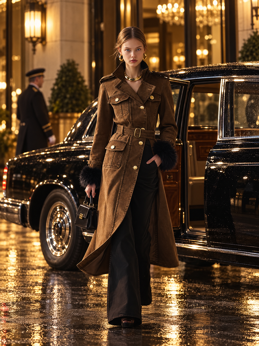 Women's Brown Belted Military Trench Coat with Faux Fur Cuffs