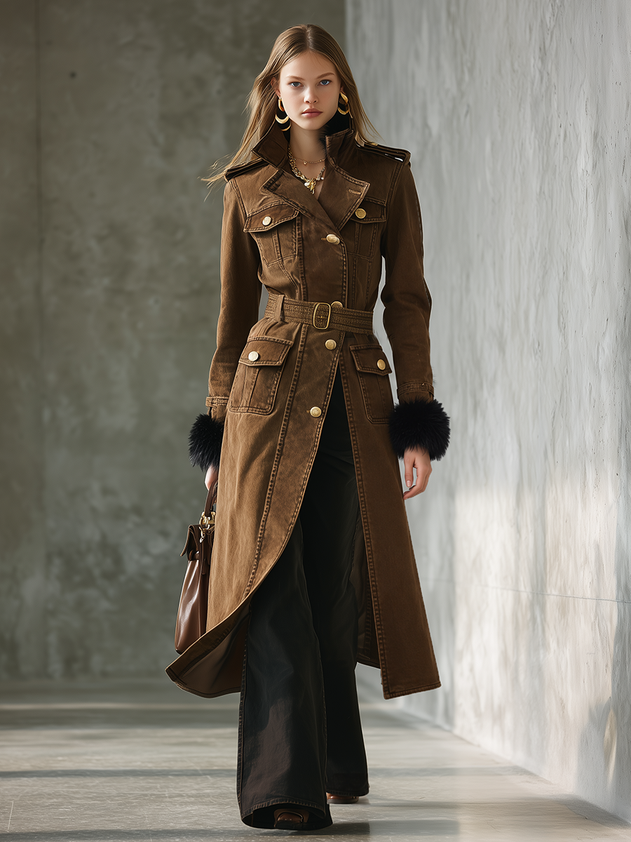 Women's Brown Belted Military Trench Coat with Faux Fur Cuffs