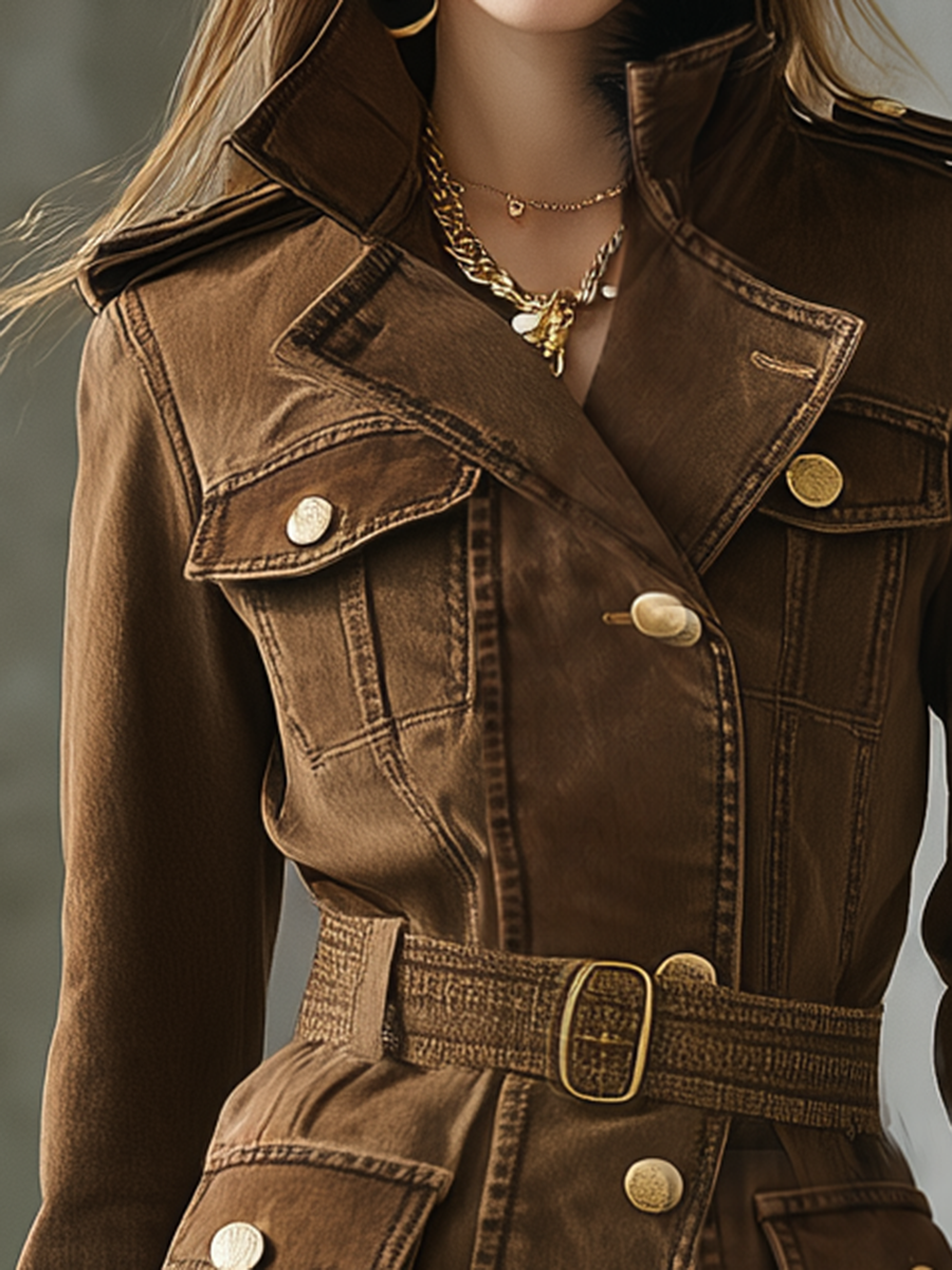 Women's Brown Belted Military Trench Coat with Faux Fur Cuffs