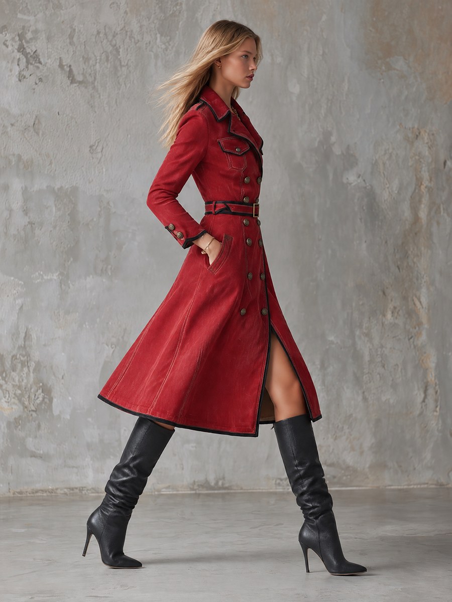 Red Military Trench Coat Double Breasted Belted Long Coat