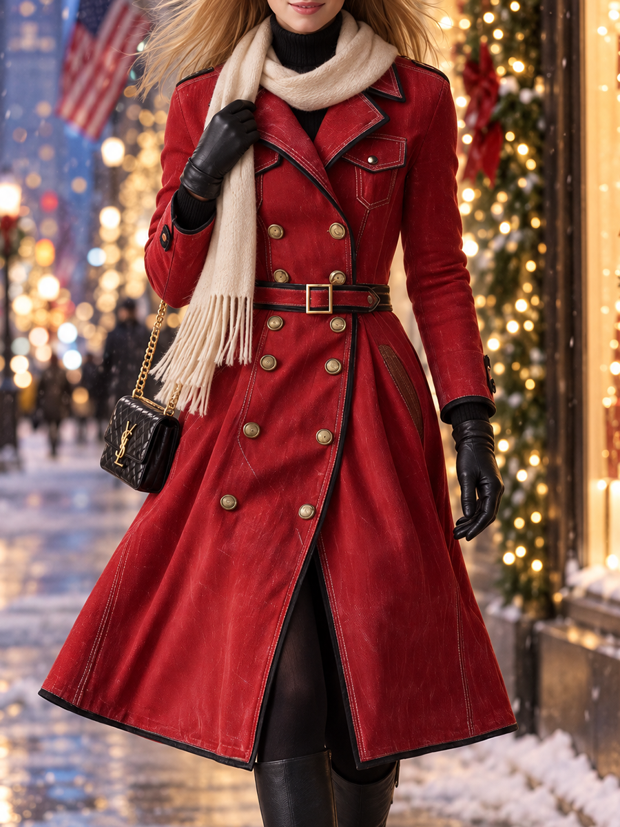 Red Military Trench Coat Double Breasted Belted Long Coat