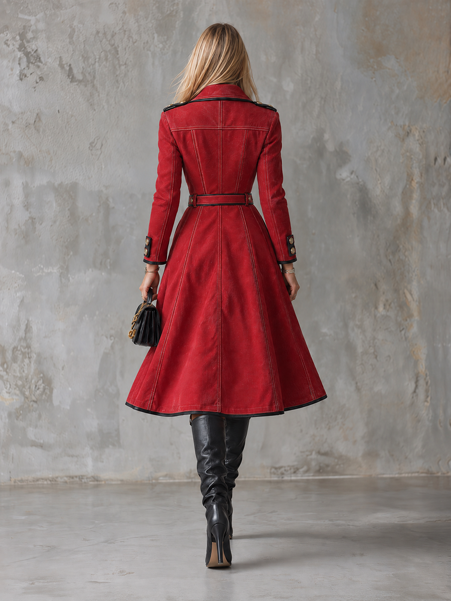 Red Military Trench Coat Double Breasted Belted Long Coat