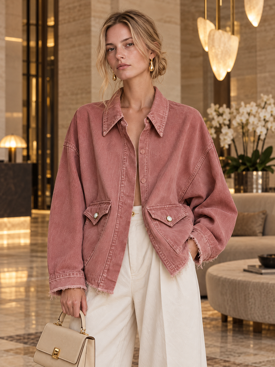 Rose Washed Denim Jacket Oversized Frayed Hem Pocket Coat