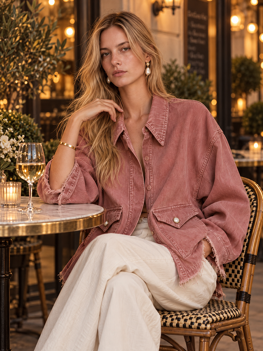 Rose Washed Denim Jacket Oversized Frayed Hem Pocket Coat