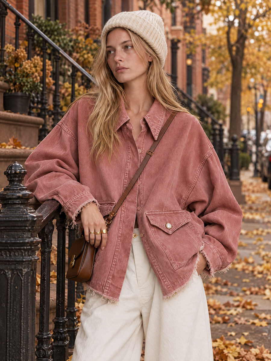 Rose Washed Denim Jacket Oversized Frayed Hem Pocket Coat
