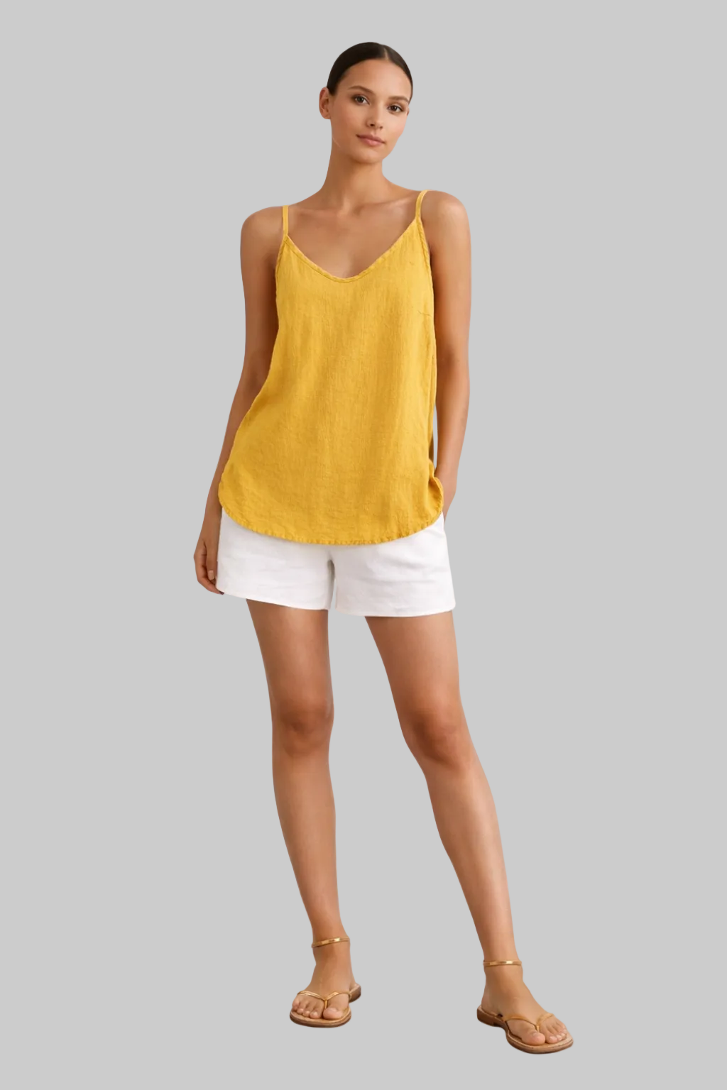 Women’s Linen Top Spaghetti Strap V-Neck Loose Camisole Cami Tank
