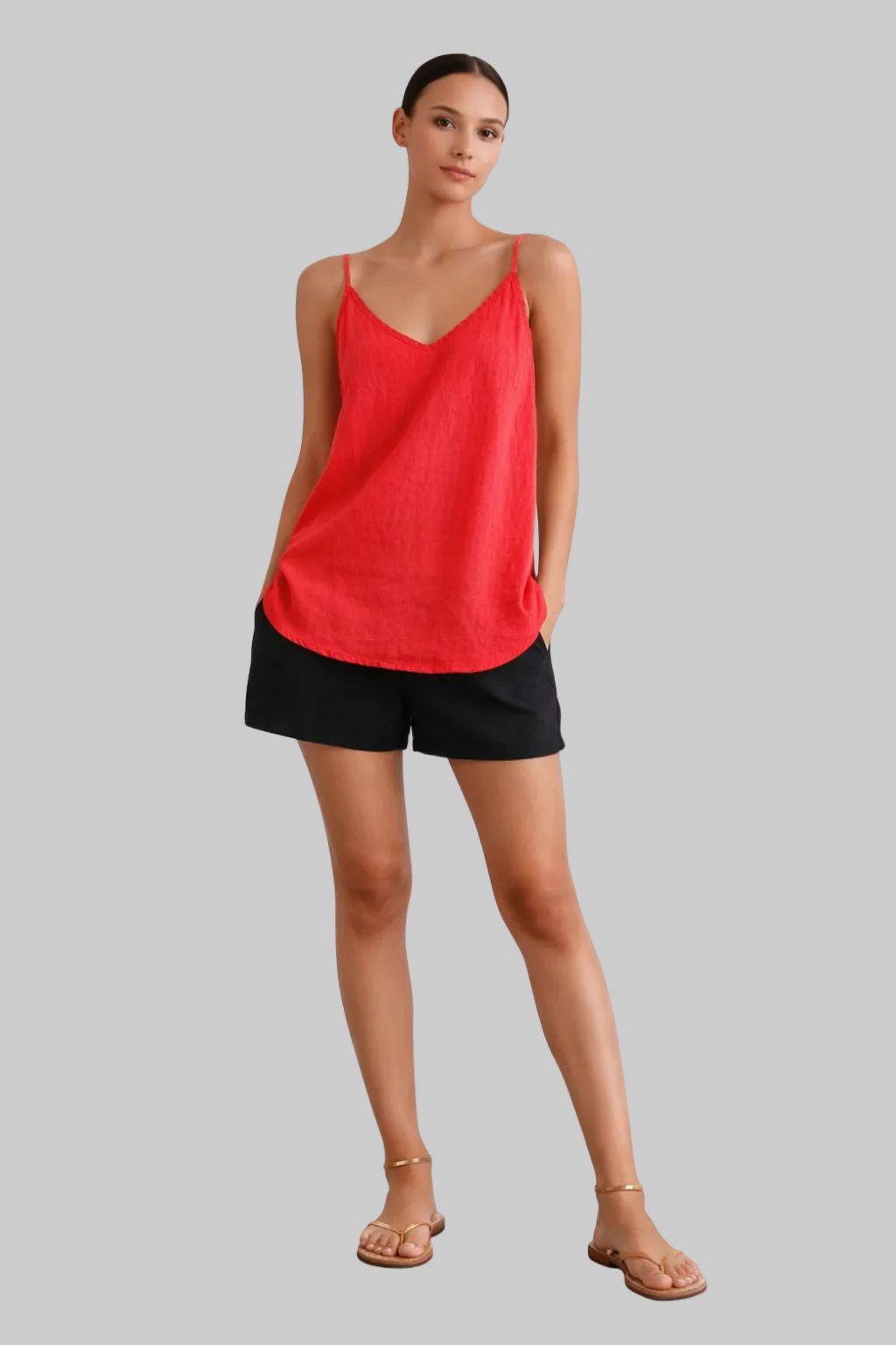 Women’s Linen Top Spaghetti Strap V-Neck Loose Camisole Cami Tank