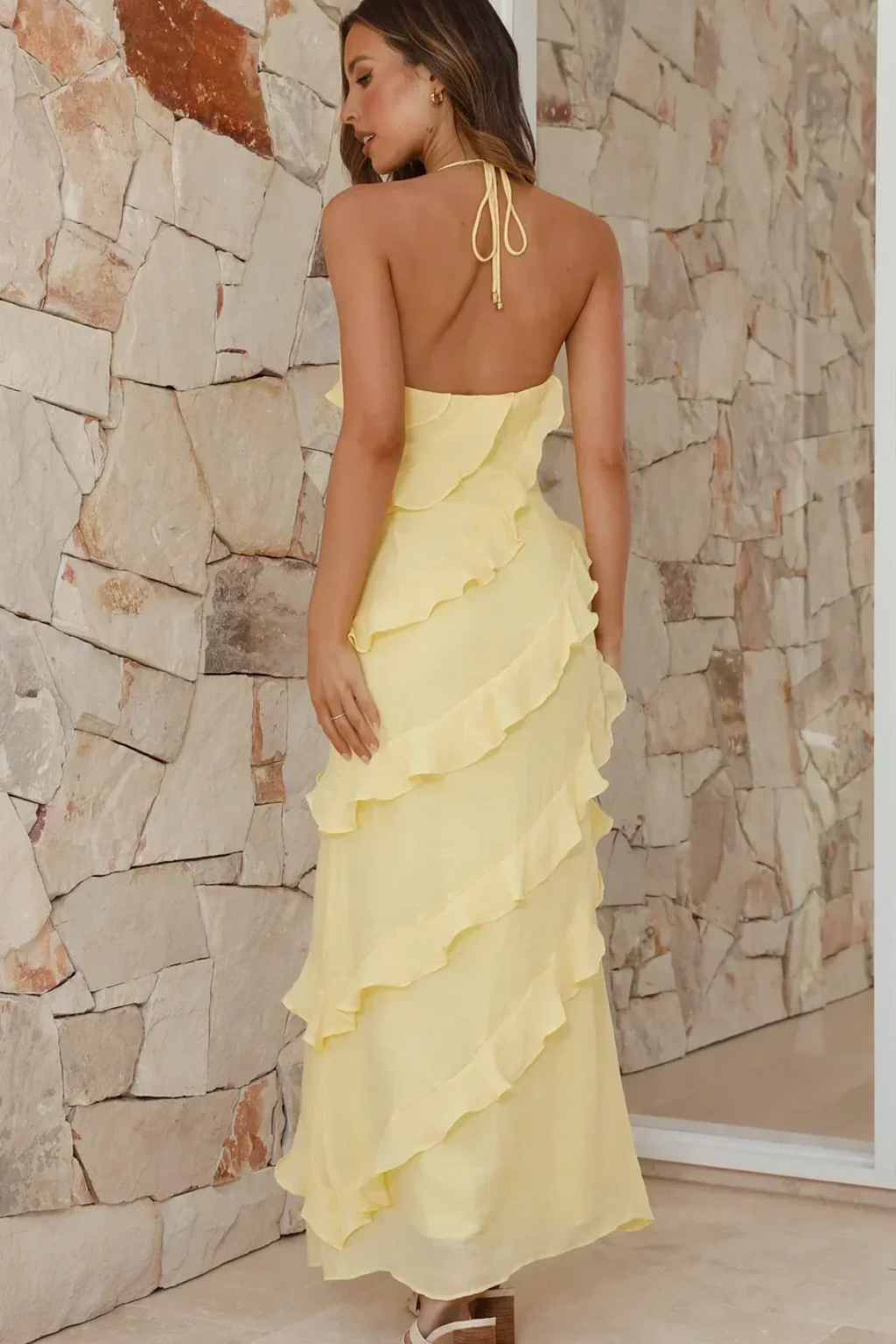 Women’s Maxi Dress with Halter Neckline and Tiered Asymmetric Ruffles