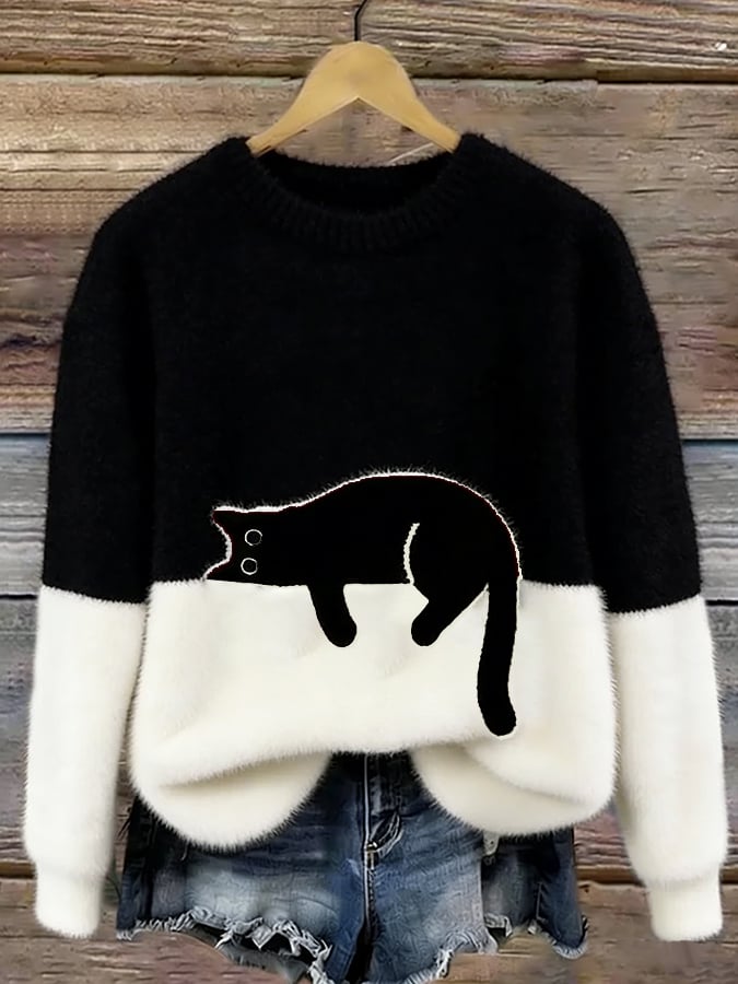 Women's Color-Block Cat Graphic Ribbed Knit Sweater