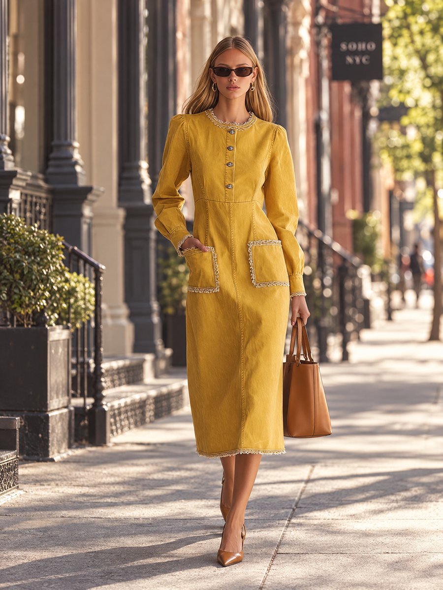 Mustard Utility Maxi Dress Button Front Patch Pocket Long Dress