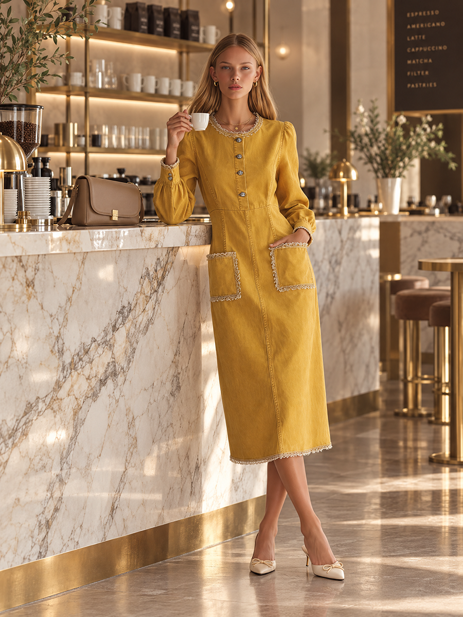 Mustard Utility Maxi Dress Button Front Patch Pocket Long Dress