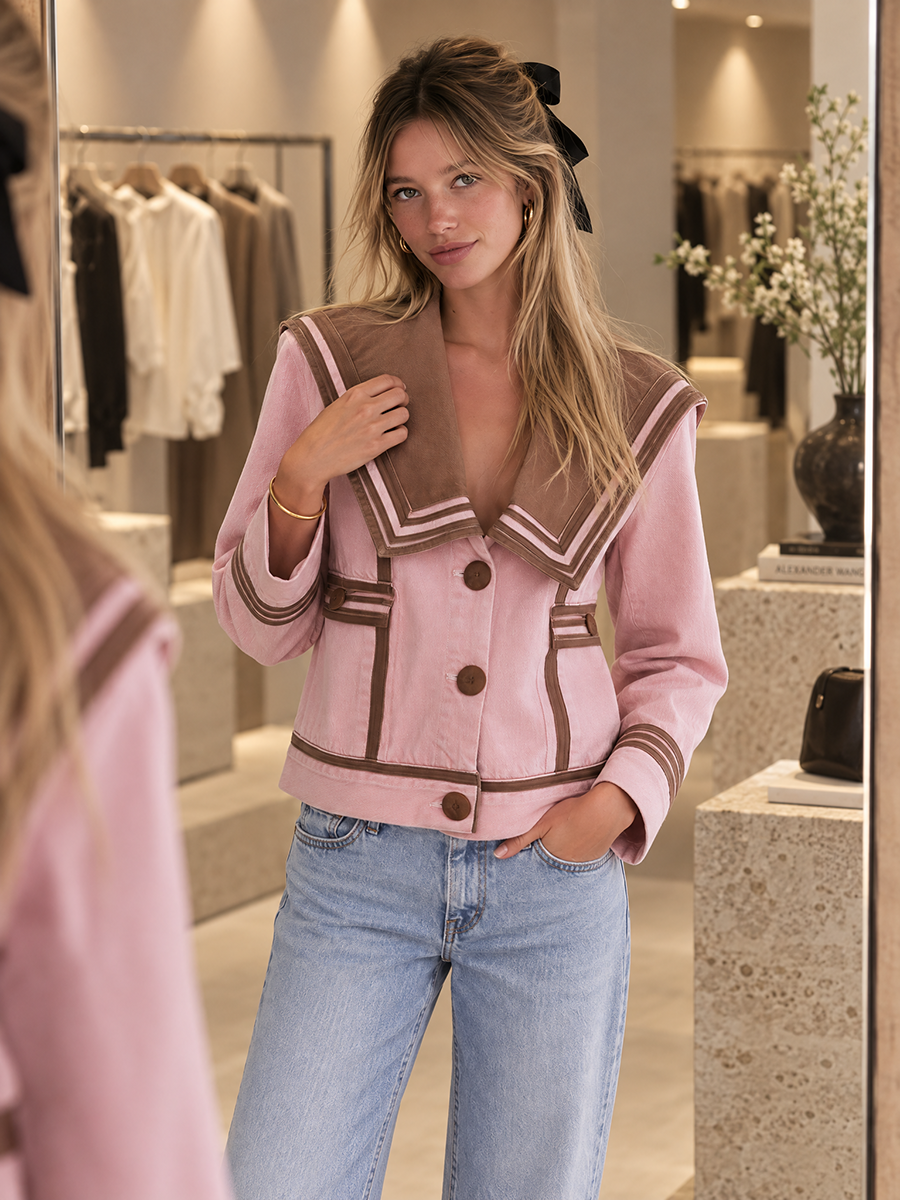 Pink sailor collar denim brown color-blocked jacket