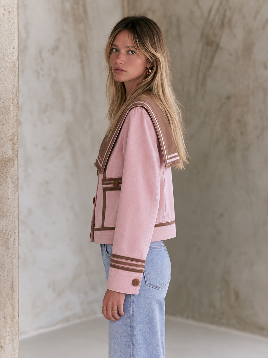 Pink sailor collar denim brown color-blocked jacket