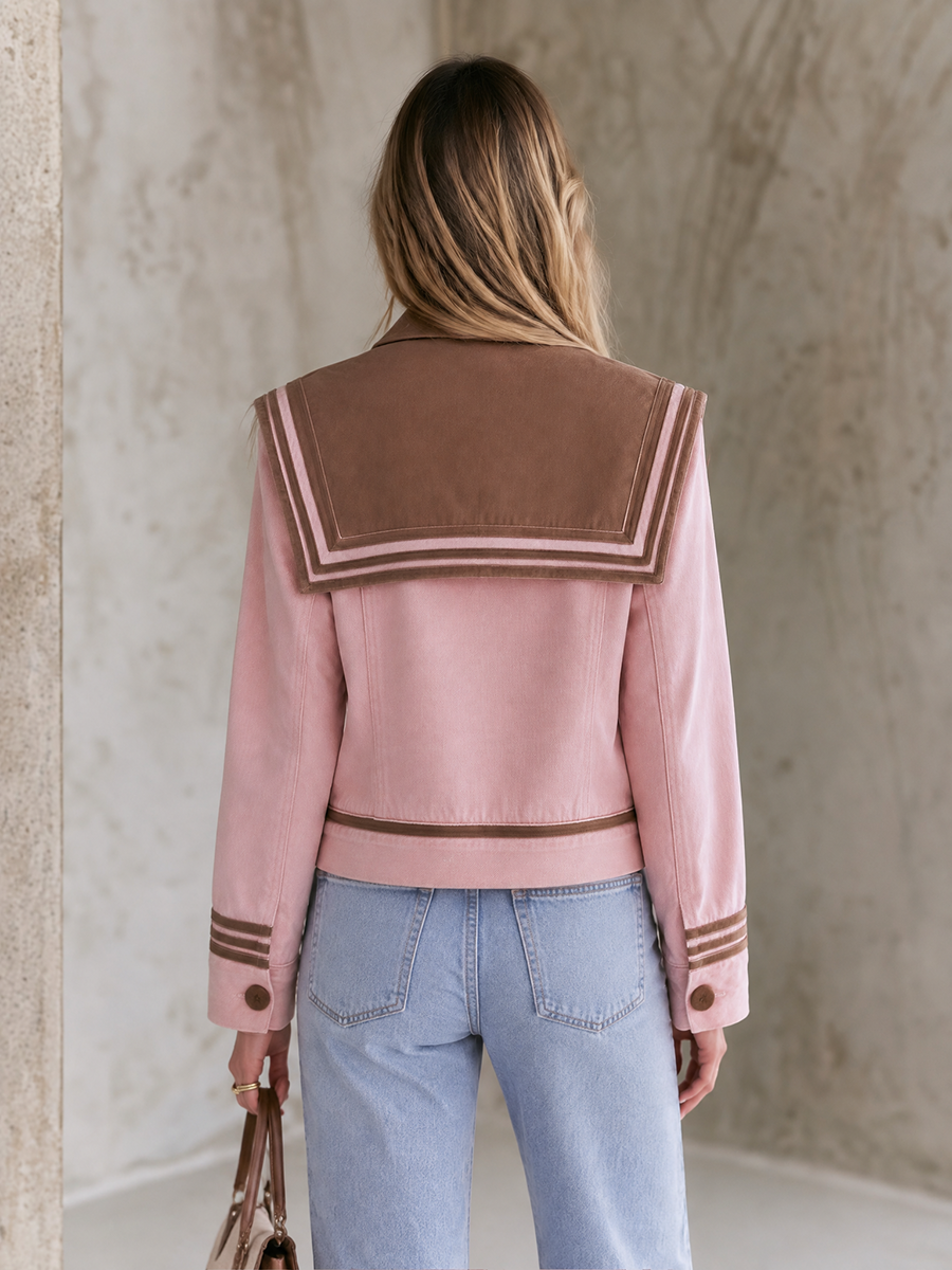 Pink sailor collar denim brown color-blocked jacket
