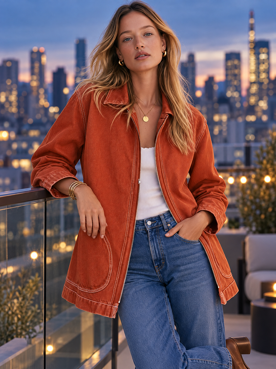 Rust Washed Utility Jacket Zip Front Oversized Pocket Coat