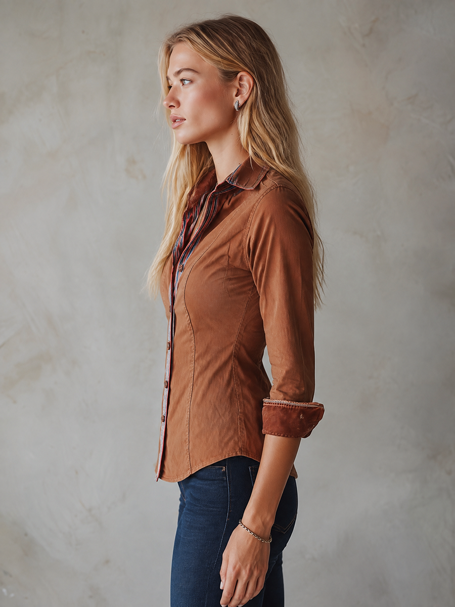 Women's Rust Button Down Shirt Striped Placket Contrast Cuffs Slim Fit