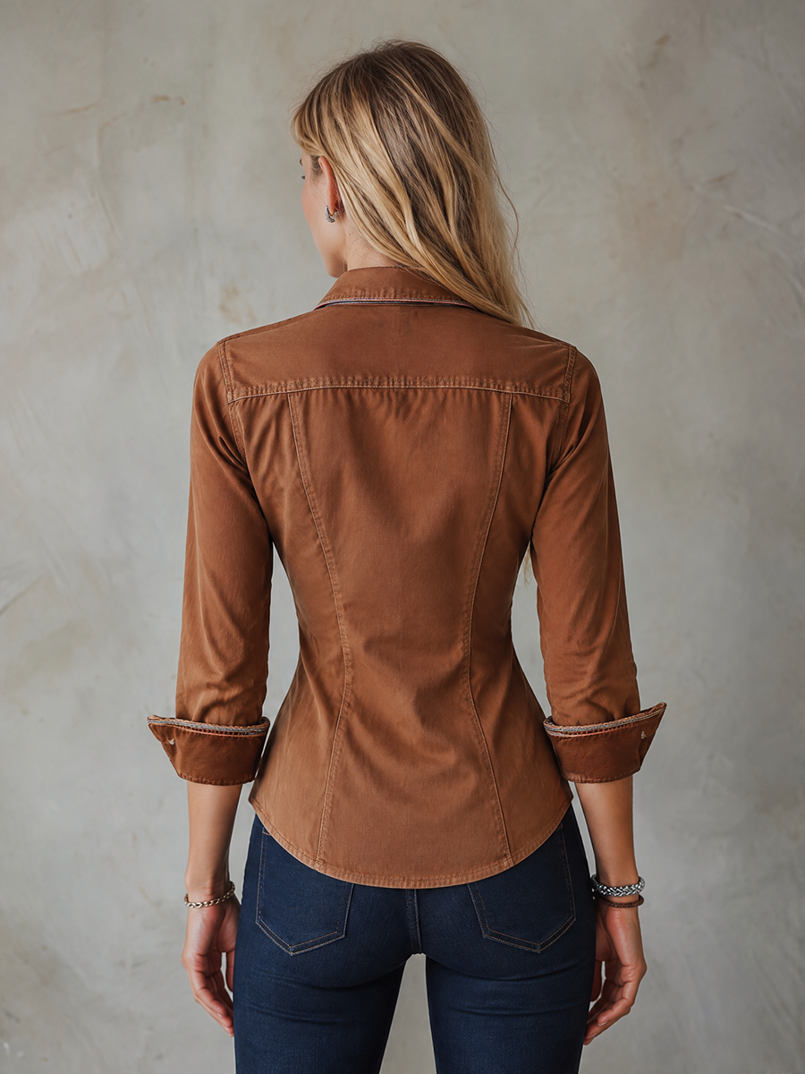 Women's Rust Button Down Shirt Striped Placket Contrast Cuffs Slim Fit