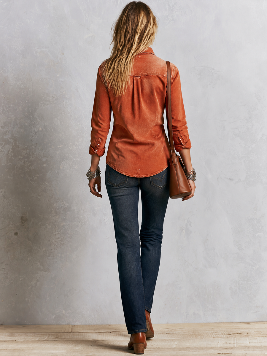 Women's Mineral Wash Button Down Shirt Rust Soft Cotton Relaxed Fit