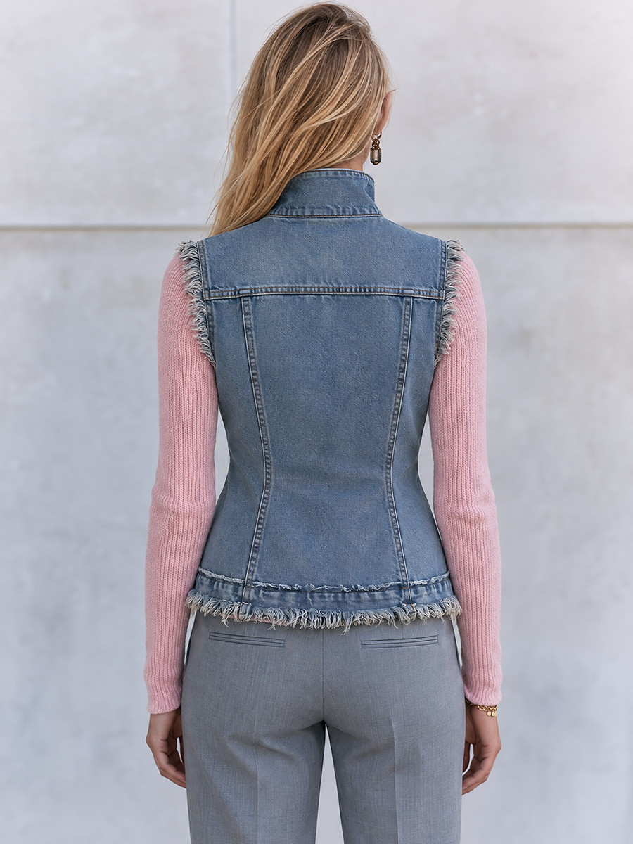 Women's Denim Military Vest Stand Collar Brass Buttons Frayed Raw Edge