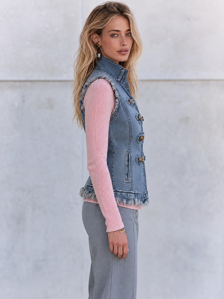 Women's Denim Military Vest Stand Collar Brass Buttons Frayed Raw Edge