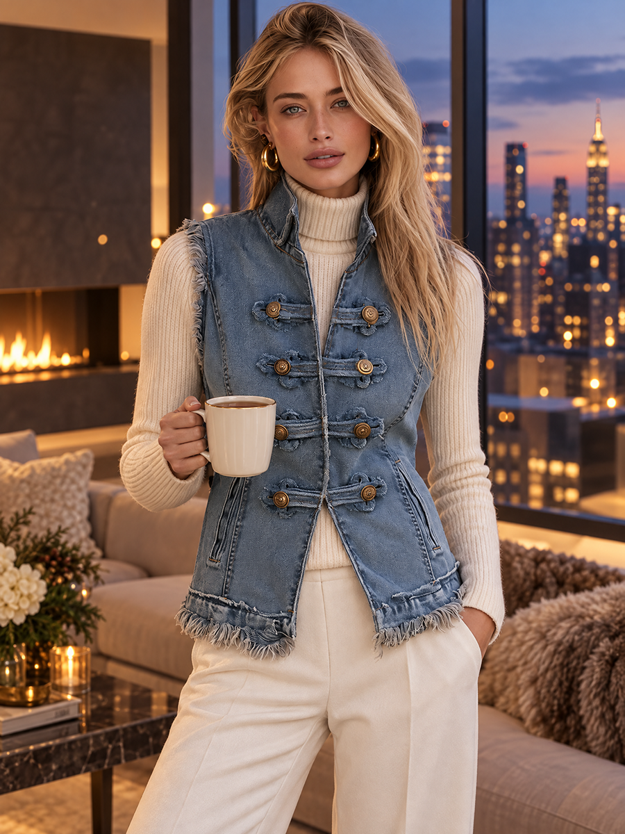 Women's Denim Military Vest Stand Collar Brass Buttons Frayed Raw Edge