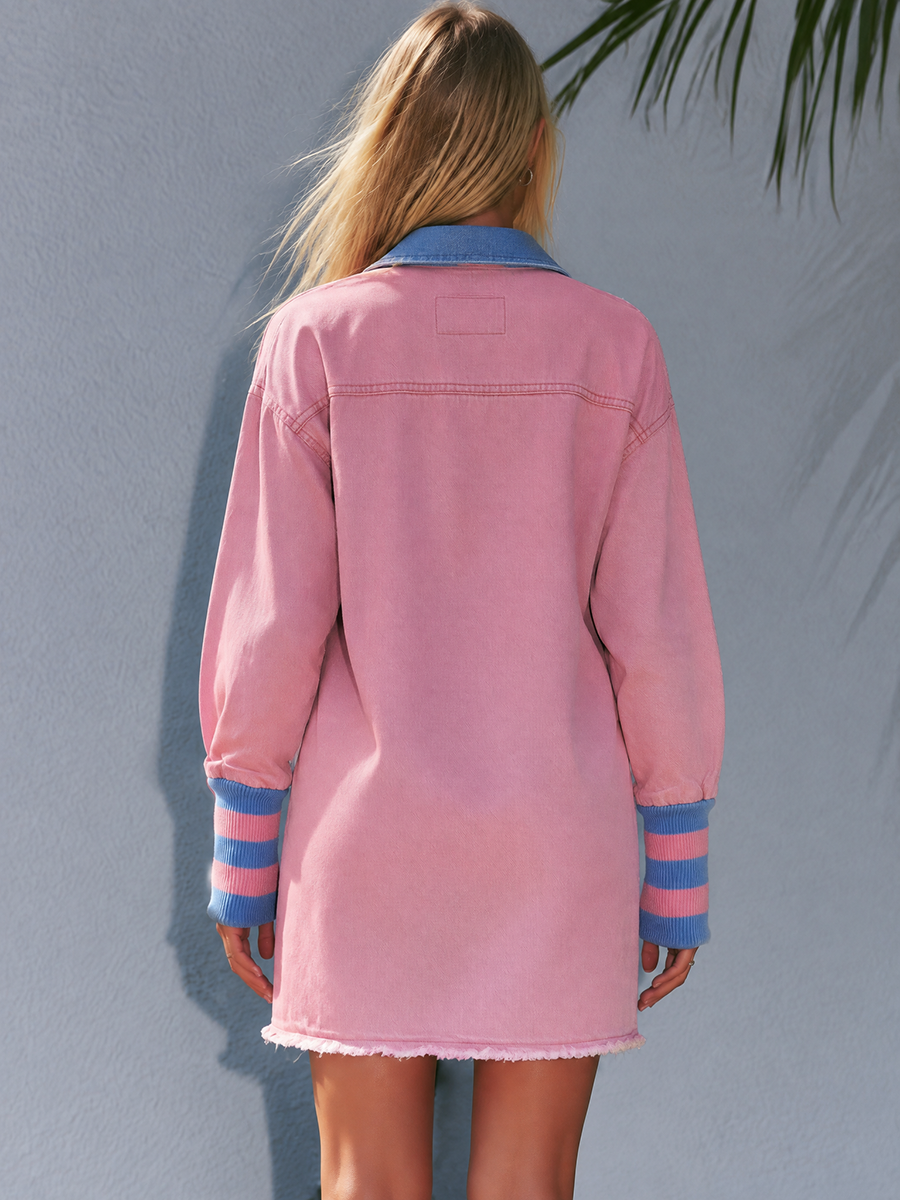 Women's Oversized Pink Denim Shirt Dress Contrast Collar Striped Ribbed Cuffs