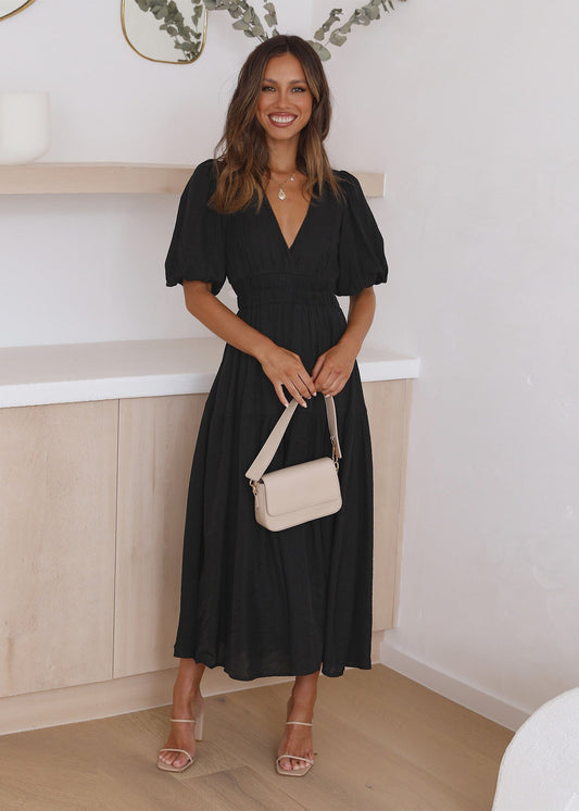 Women’s Midi Dress V-Neck Puff Sleeve with Smocked Waist and Tiered Skirt