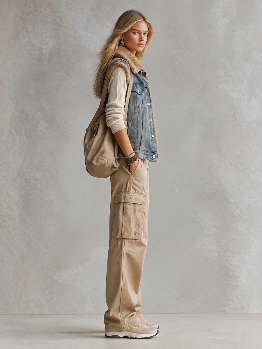 Women's Sherpa Lined Denim Vest Trucker Collar Button Front Sleeveless Jacket