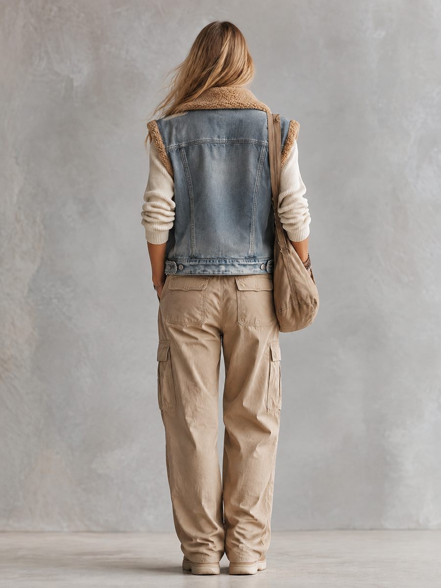 Women's Sherpa Lined Denim Vest Trucker Collar Button Front Sleeveless Jacket