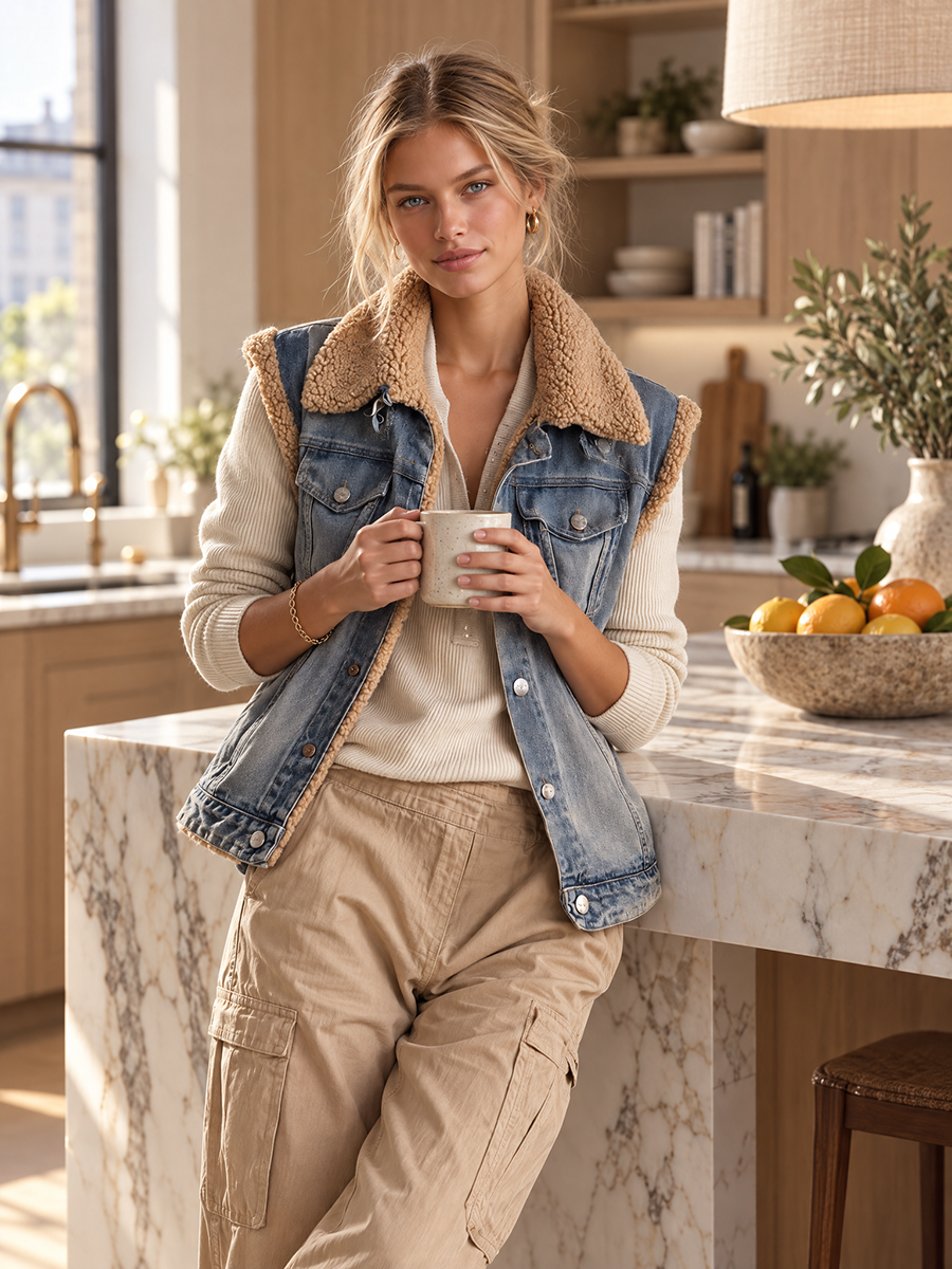 Women's Sherpa Lined Denim Vest Trucker Collar Button Front Sleeveless Jacket