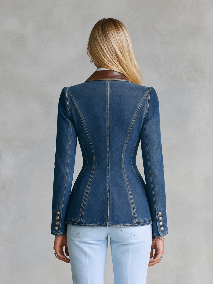 Women's Fitted Denim Blazer Suede Collar Concho Buttons Tailored Western Jacket