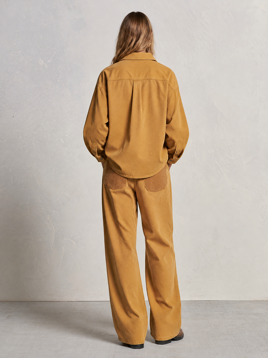 Women's Mustard Shirt Wide Leg Pants Set Corduroy Trim Utility Pockets
