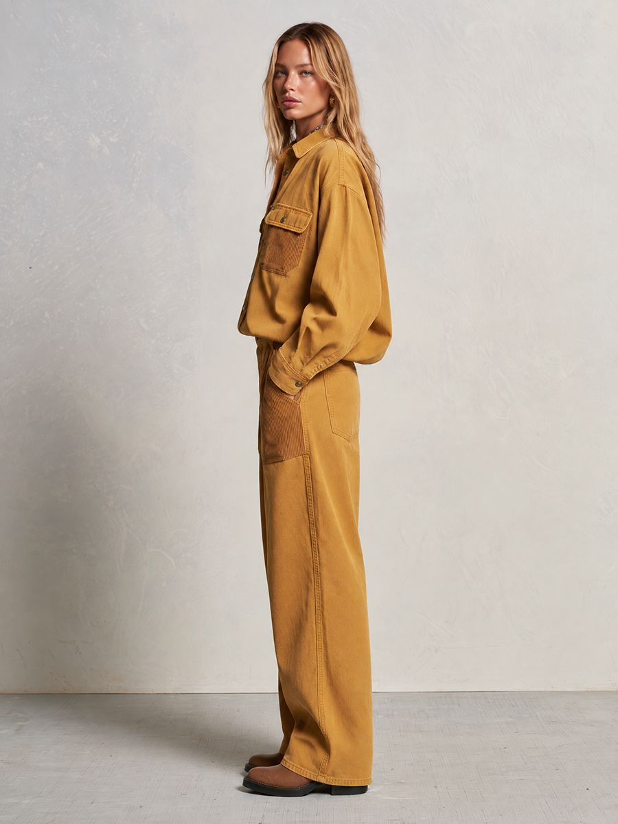 Women's Mustard Shirt Wide Leg Pants Set Corduroy Trim Utility Pockets