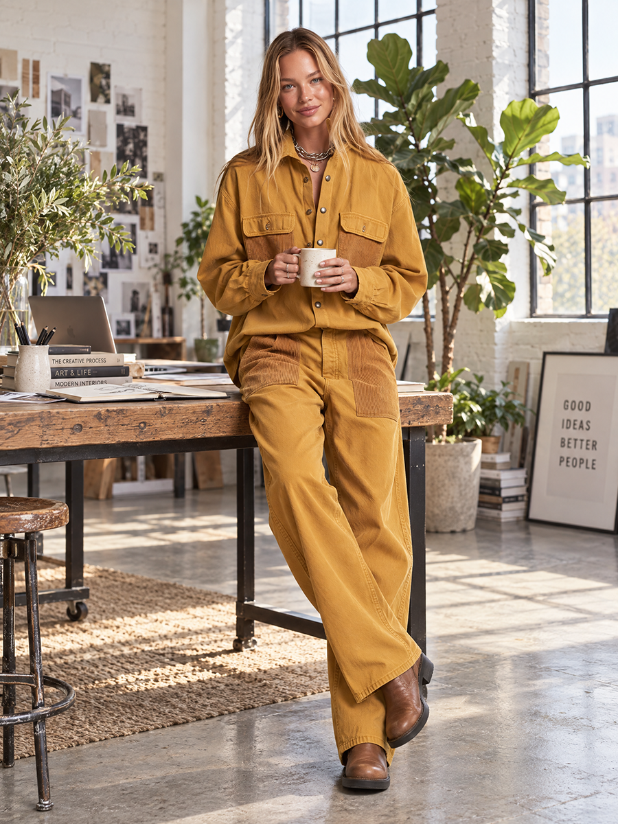 Women's Mustard Shirt Wide Leg Pants Set Corduroy Trim Utility Pockets