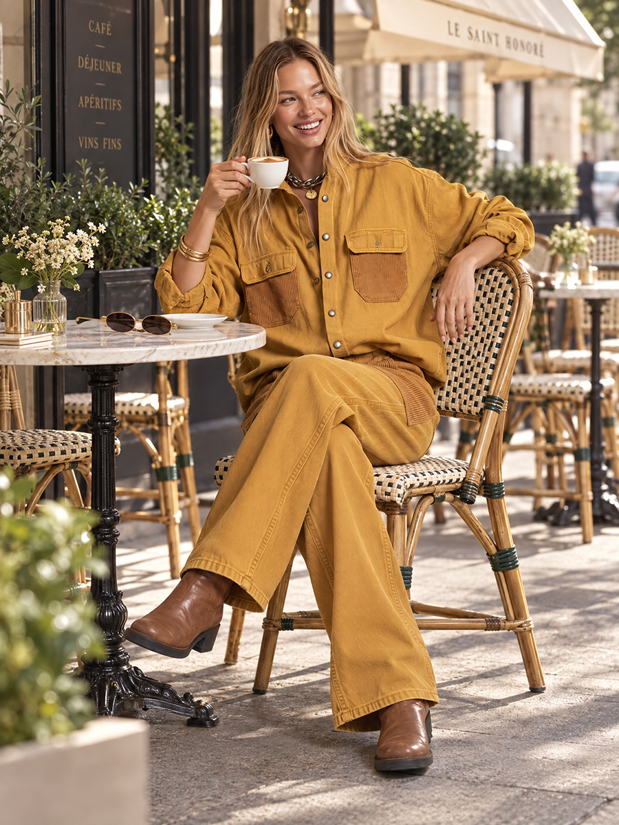 Women's Mustard Shirt Wide Leg Pants Set Corduroy Trim Utility Pockets