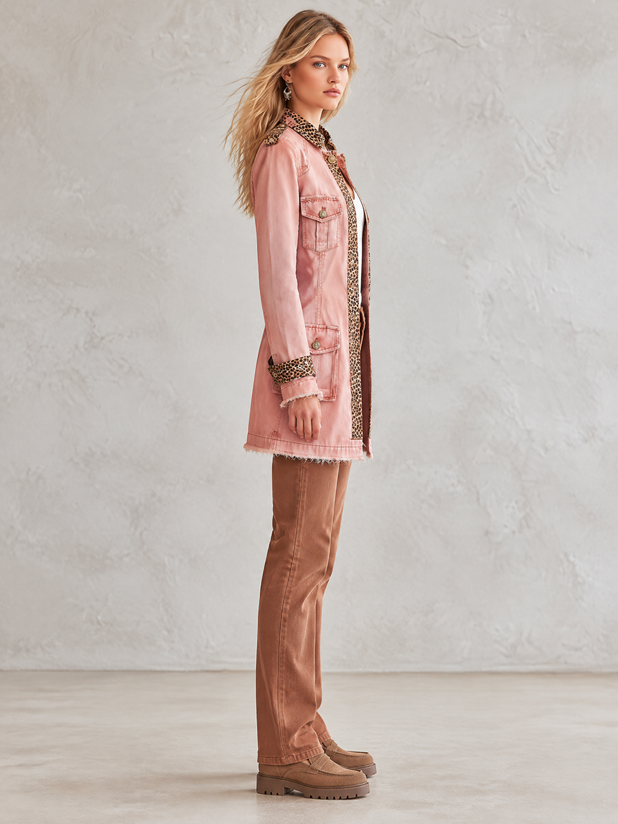 Women's Pink Military Denim Jacket Leopard Trim Gold Buttons Frayed Hem