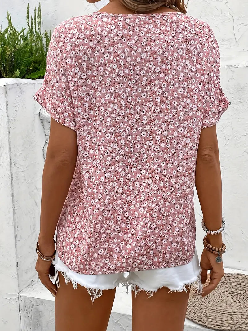 Women’s Short Sleeve Floral Blouse with Split V-Neck and Button-Down Front