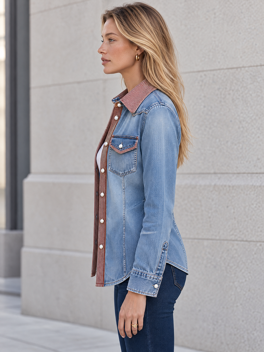 Women's Western Denim Shirt Pearl Snap Striped Placket Fitted Chest Pocket