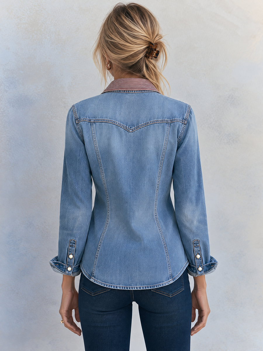 Women's Western Denim Shirt Pearl Snap Striped Placket Fitted Chest Pocket