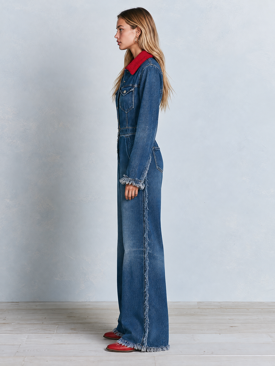 Women's Denim Jumpsuit Wide Leg Contrast Collar Frayed Hem Button Front