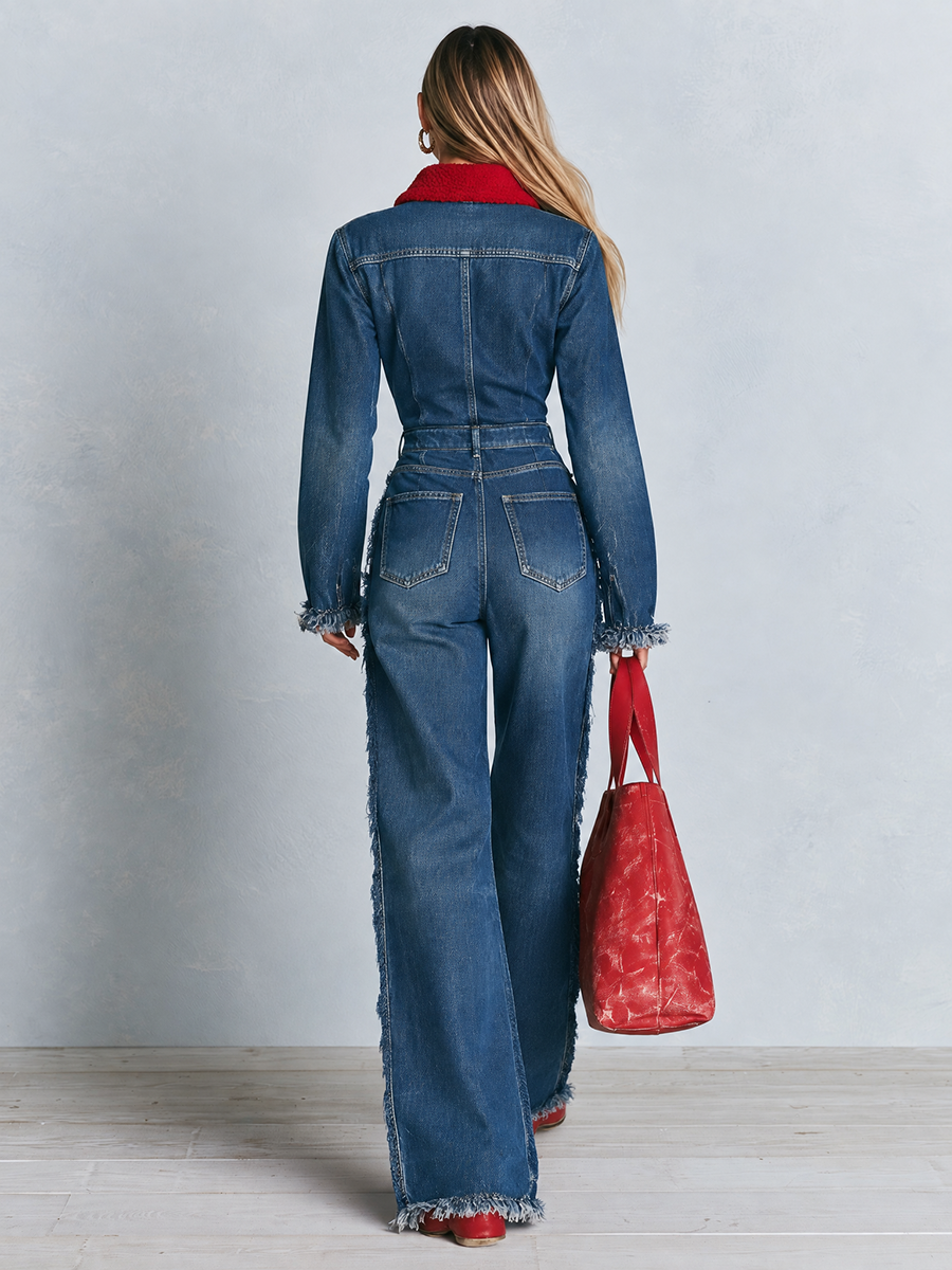 Women's Denim Jumpsuit Wide Leg Contrast Collar Frayed Hem Button Front