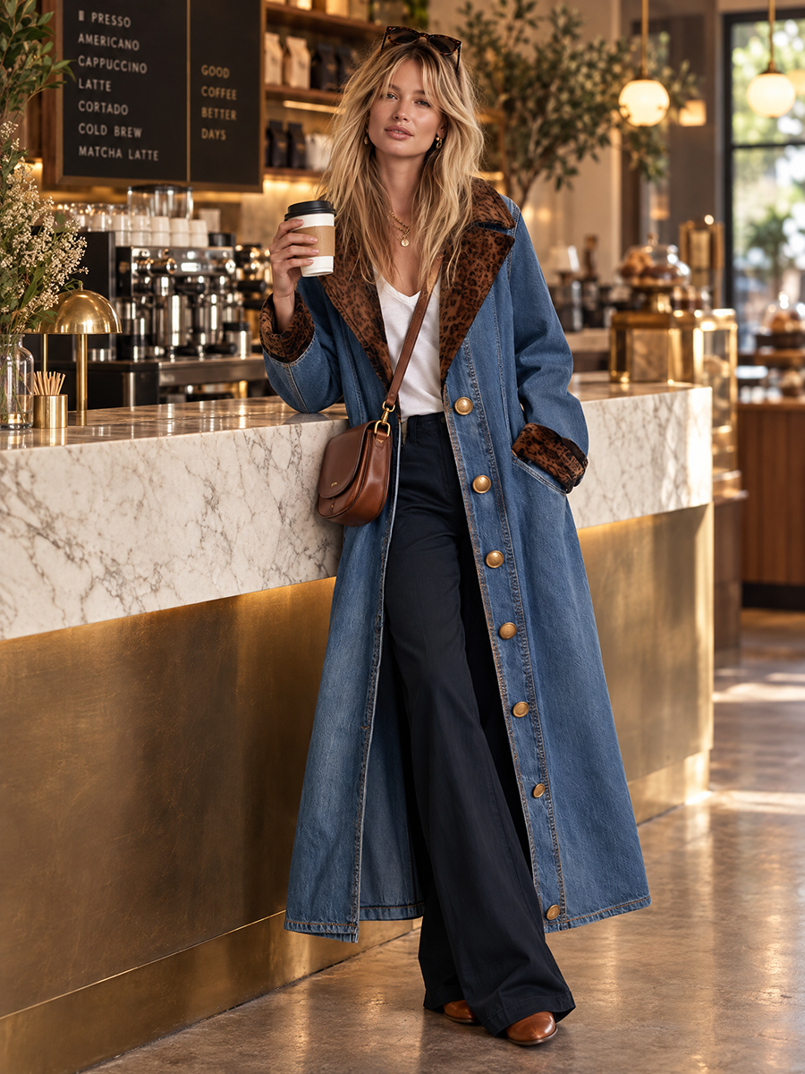 Women's Long Denim Duster Coat Leopard Faux Fur Lapel Maxi Length