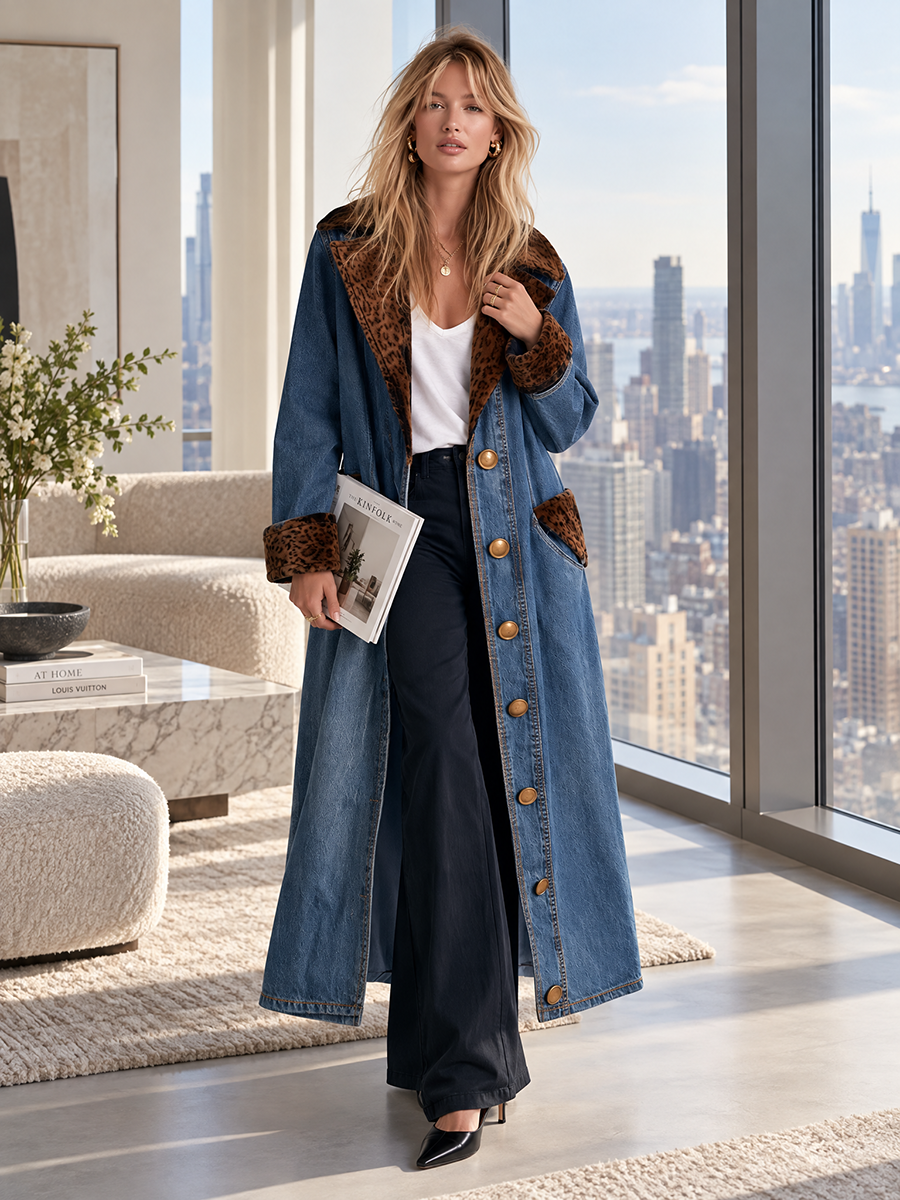 Women's Long Denim Duster Coat Leopard Faux Fur Lapel Maxi Length