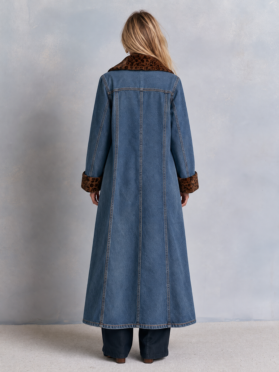 Women's Long Denim Duster Coat Leopard Faux Fur Lapel Maxi Length