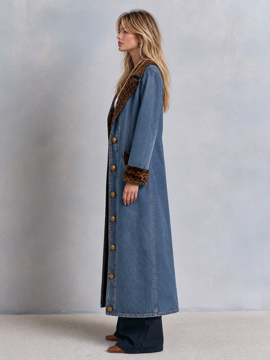 Women's Long Denim Duster Coat Leopard Faux Fur Lapel Maxi Length