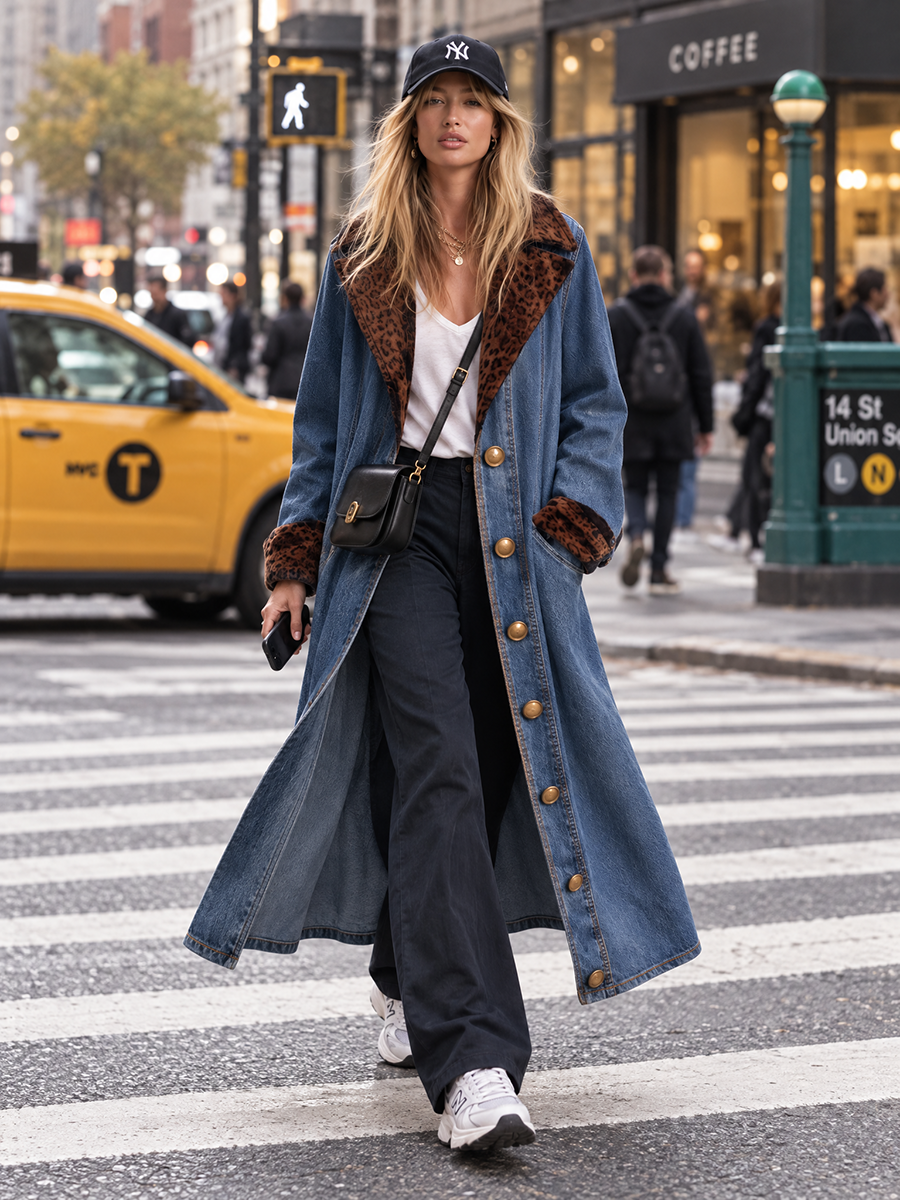 Women's Long Denim Duster Coat Leopard Faux Fur Lapel Maxi Length
