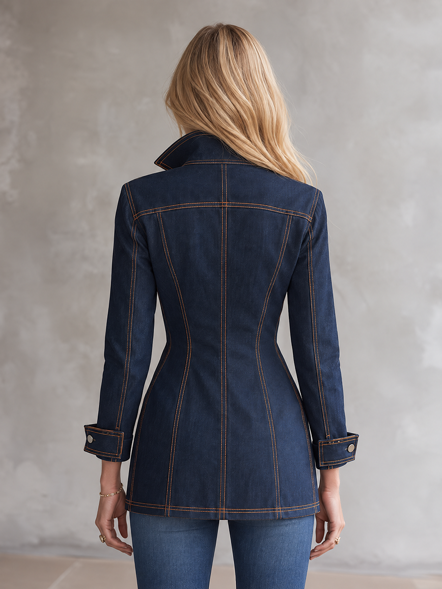 Women's Dark Wash Denim Utility Jacket Zip Front Contrast Stitch Stand Collar