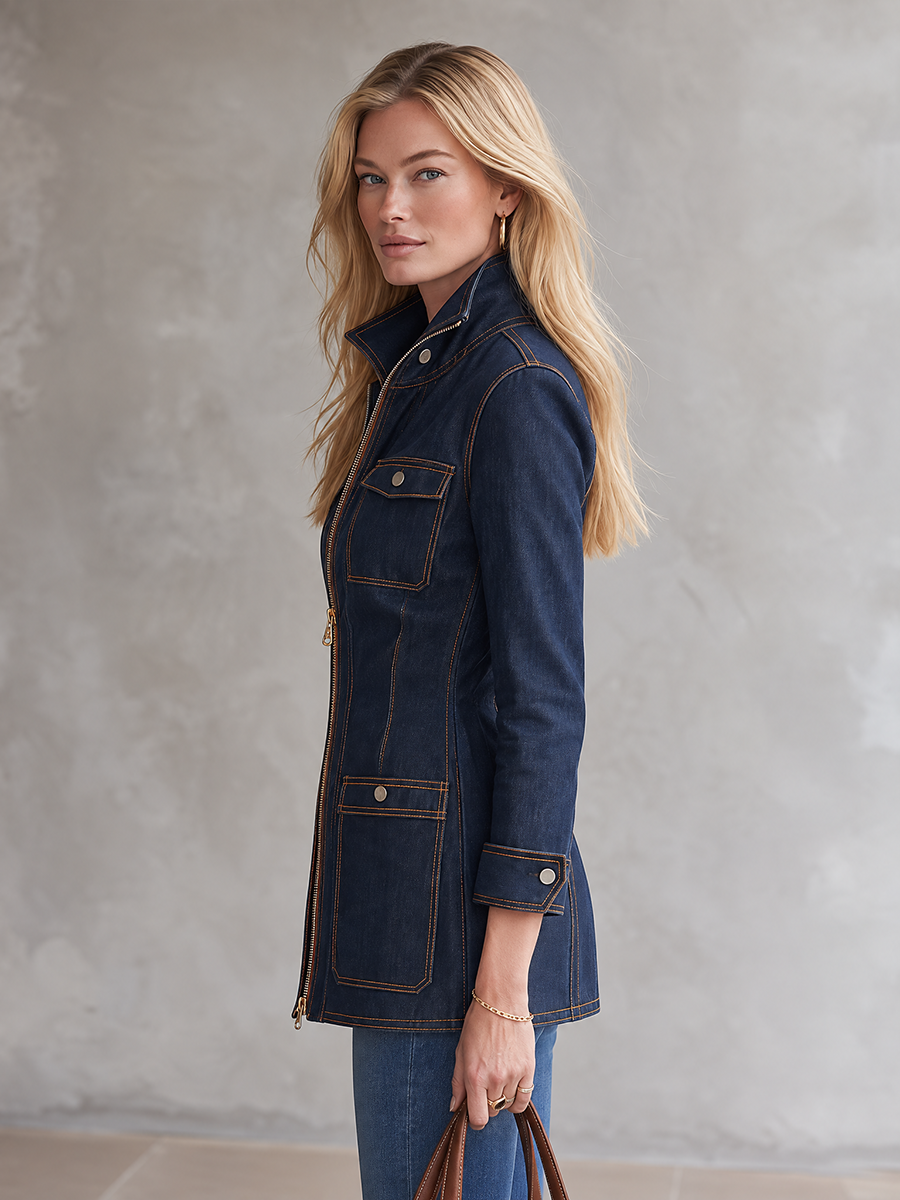 Women's Dark Wash Denim Utility Jacket Zip Front Contrast Stitch Stand Collar