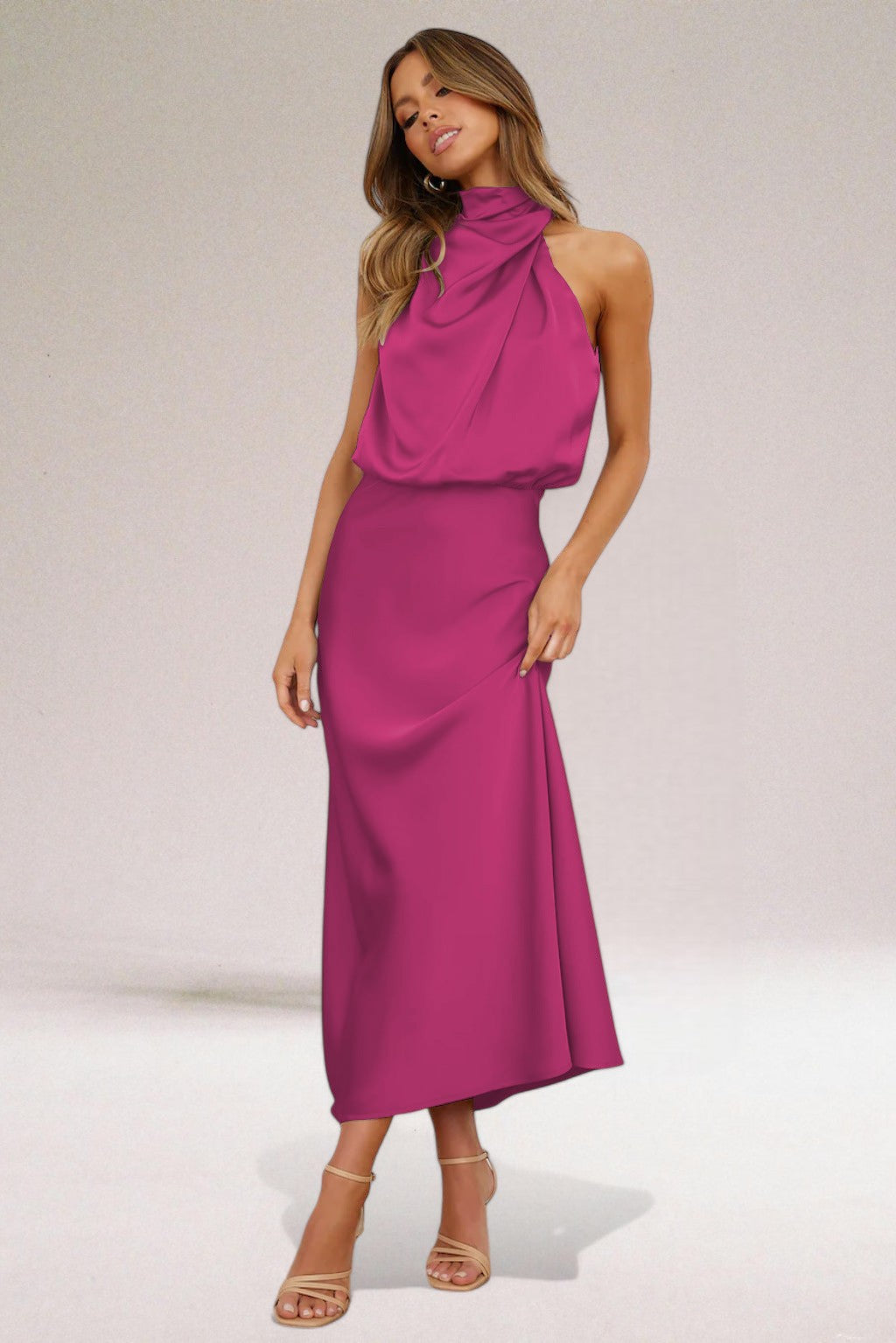 Women’s Halter-neck Maxi Dresses with High Neck and Drape Cowl Bodice