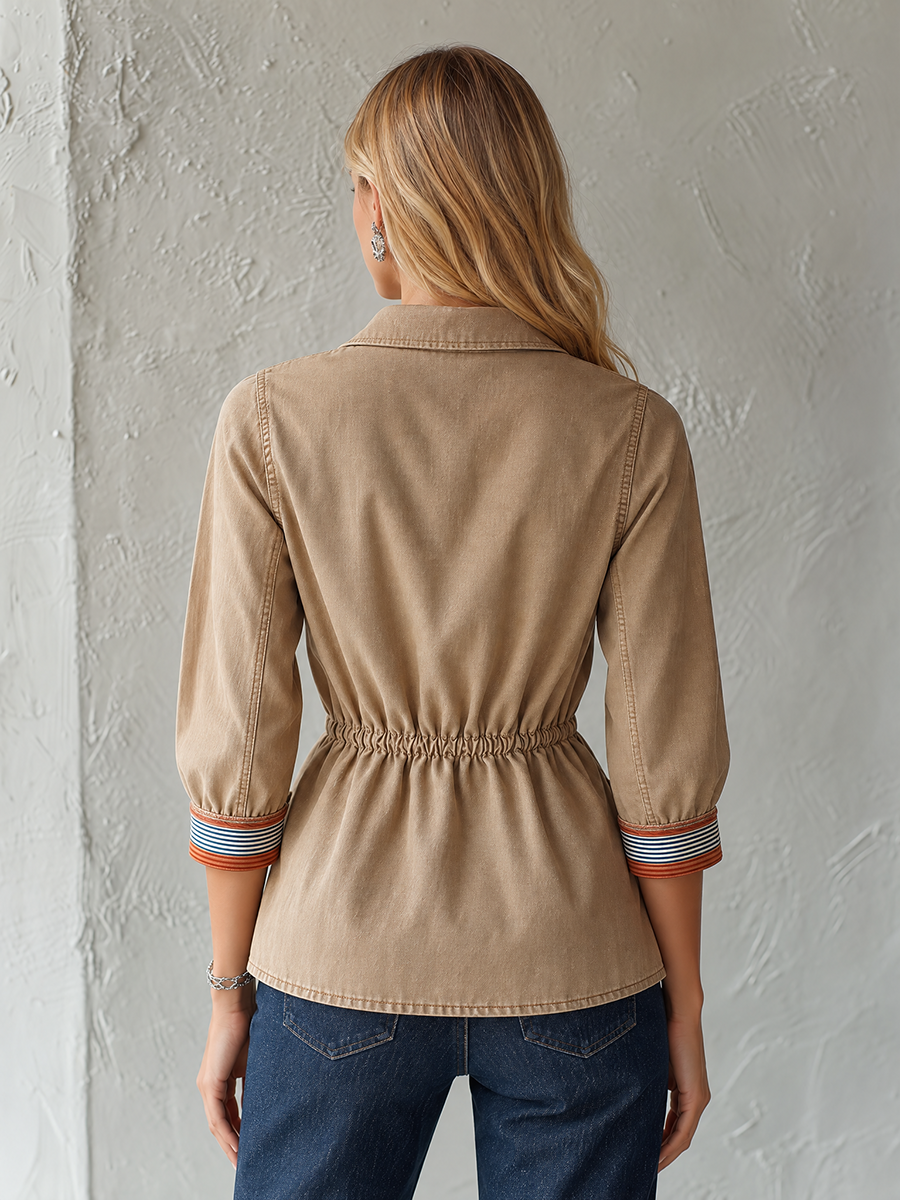 Women's Washed Cotton Peplum Jacket Striped Trim Cinched Waist Shell Buttons